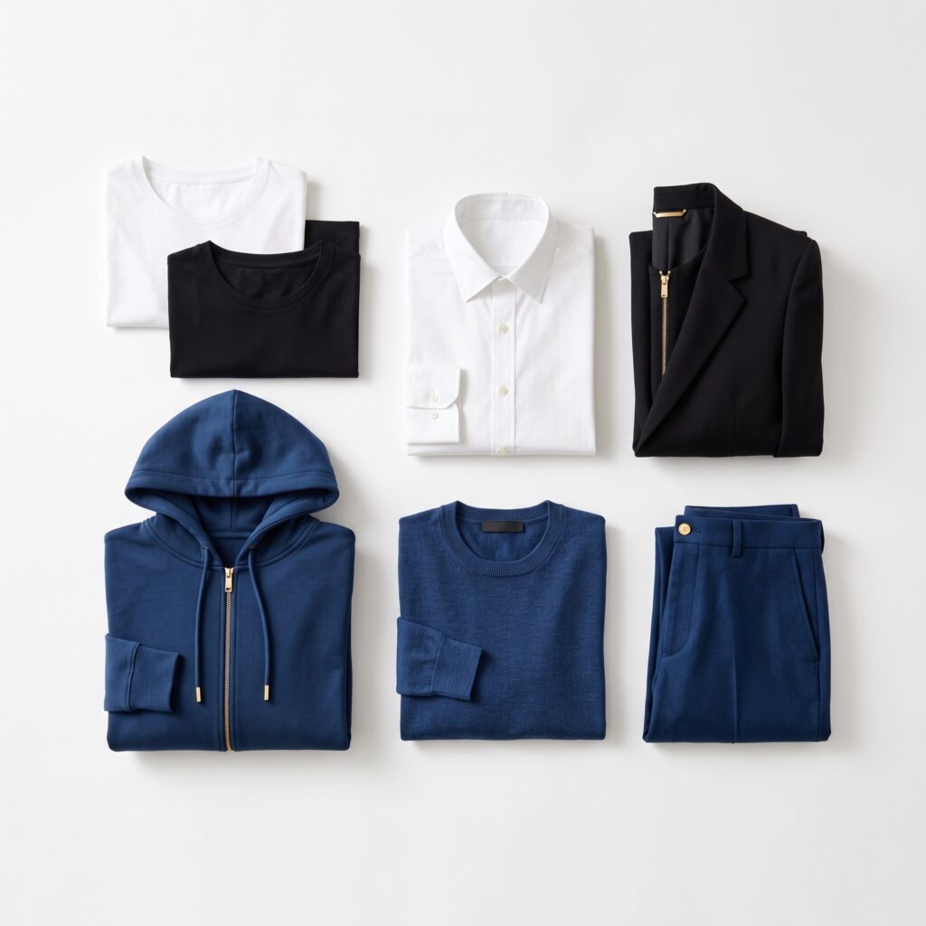 luxury clothing arranged on white 202607061258